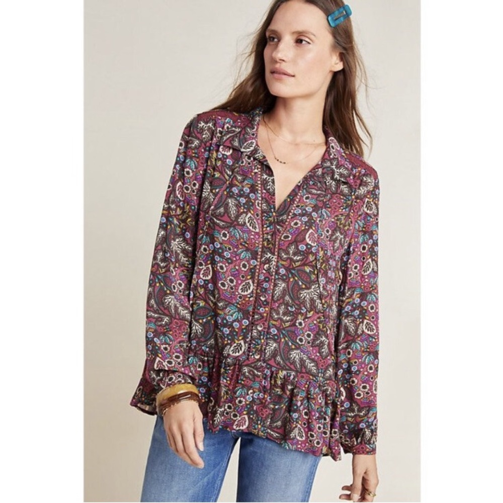 Maeve Anthropologie Janie Flounced Peasant Blouse Size 6 Boho Floral Peplum